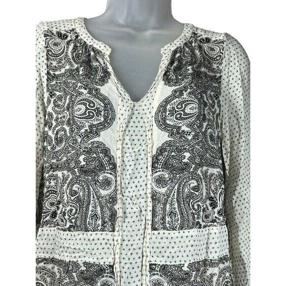 Lucky Brand Boho Peasant Top Small Black White Paisley Print Long Sleeve - Picture 2 of 9